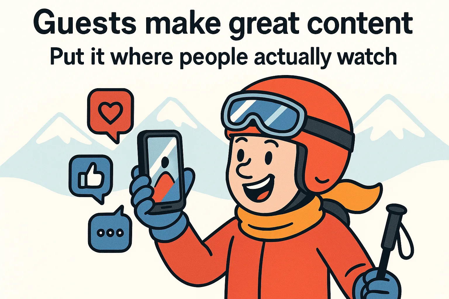 Cartoon skier posting ski content on social media