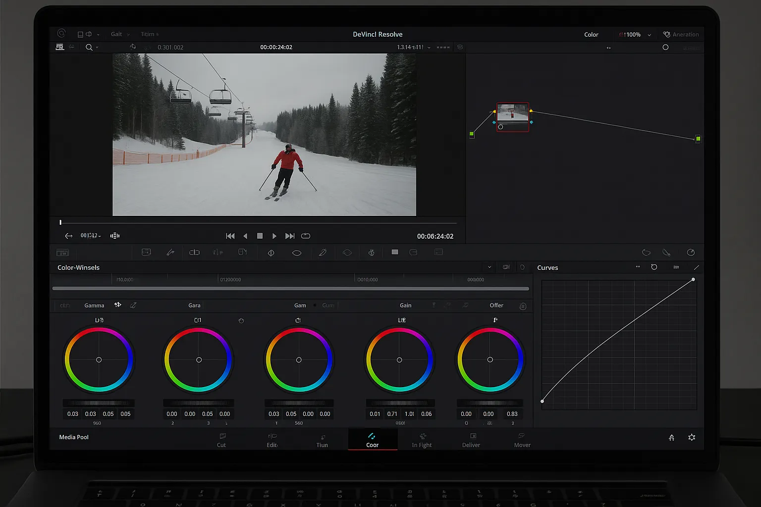 DaVinci Resolve color grading ski footage on screen
