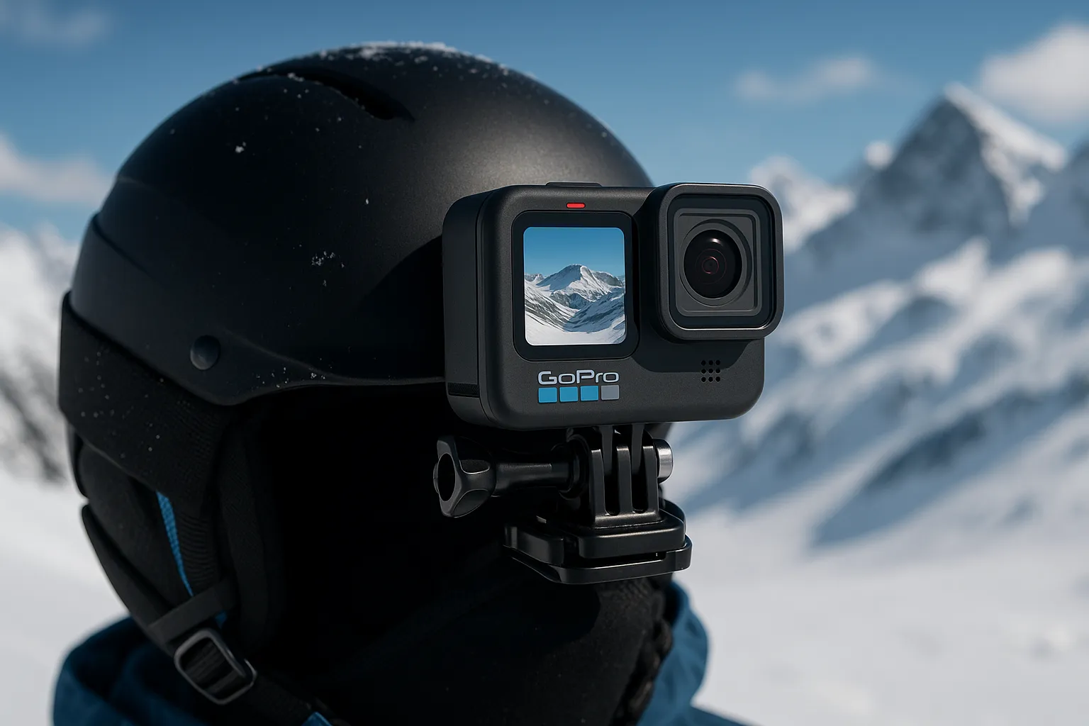 GoPro mounted on ski helmet for action shot framing