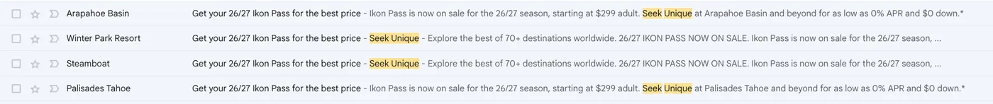 Gmail inbox showing four ski resorts sending the same Ikon Pass Seek Unique subject line on the same day