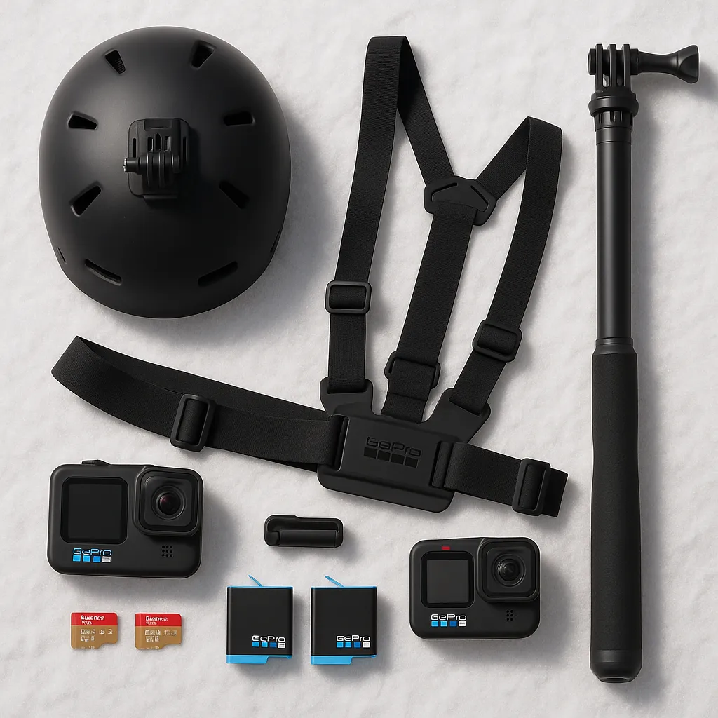 GoPro ski filming accessories laid out