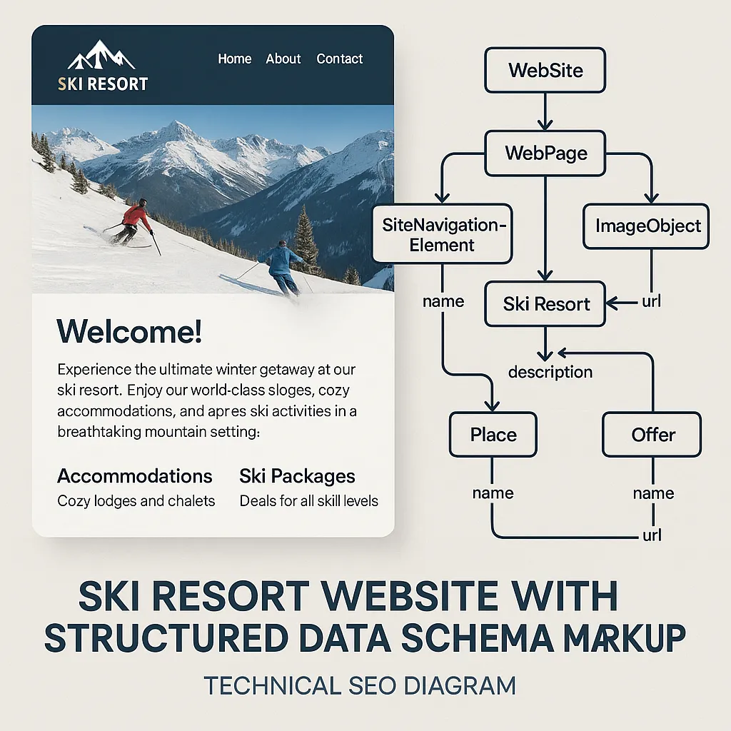 Technical SEO audit dashboard for a ski resort website showing schema and E-E-A-T signals