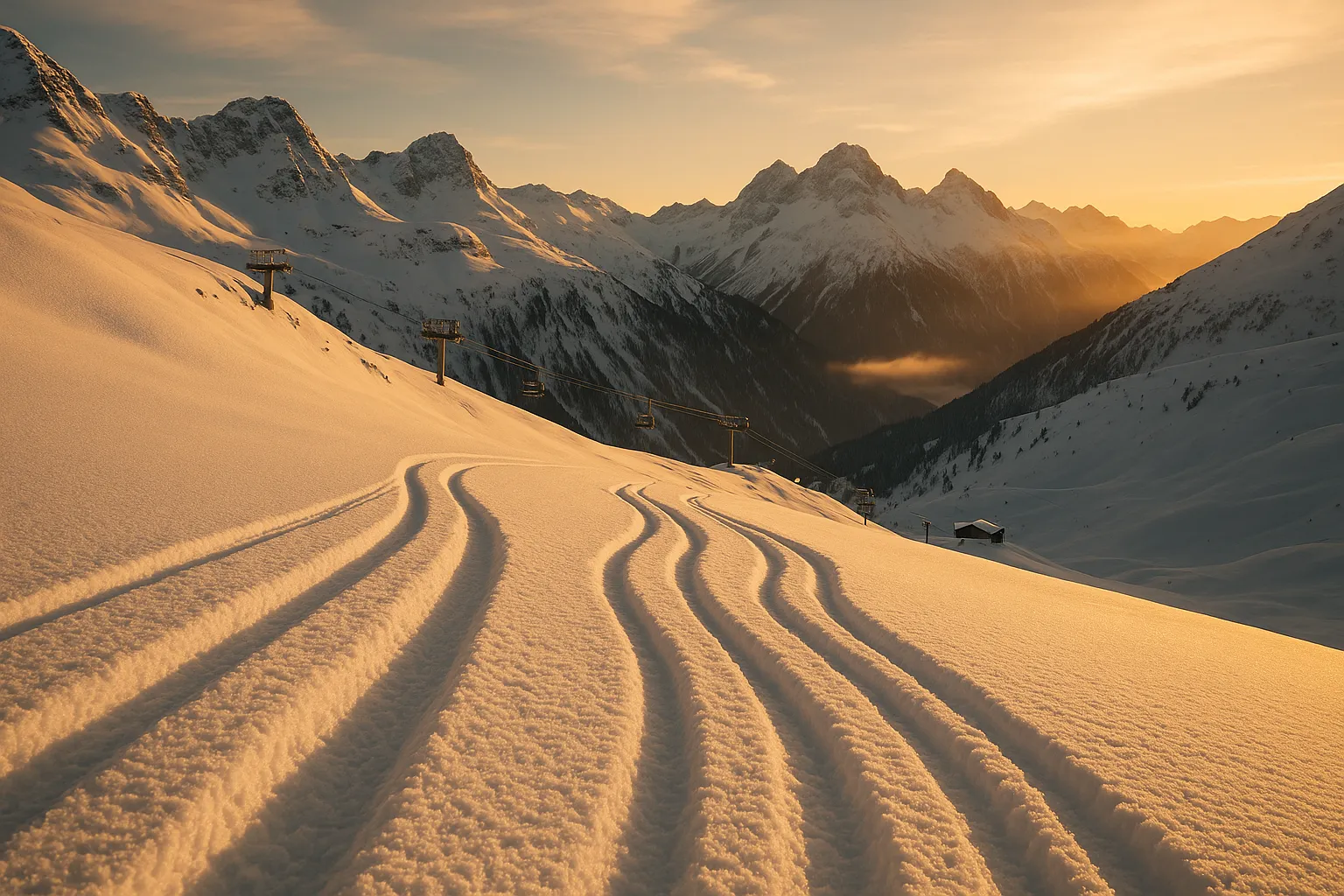 Ski resort first tracks on a powder morning