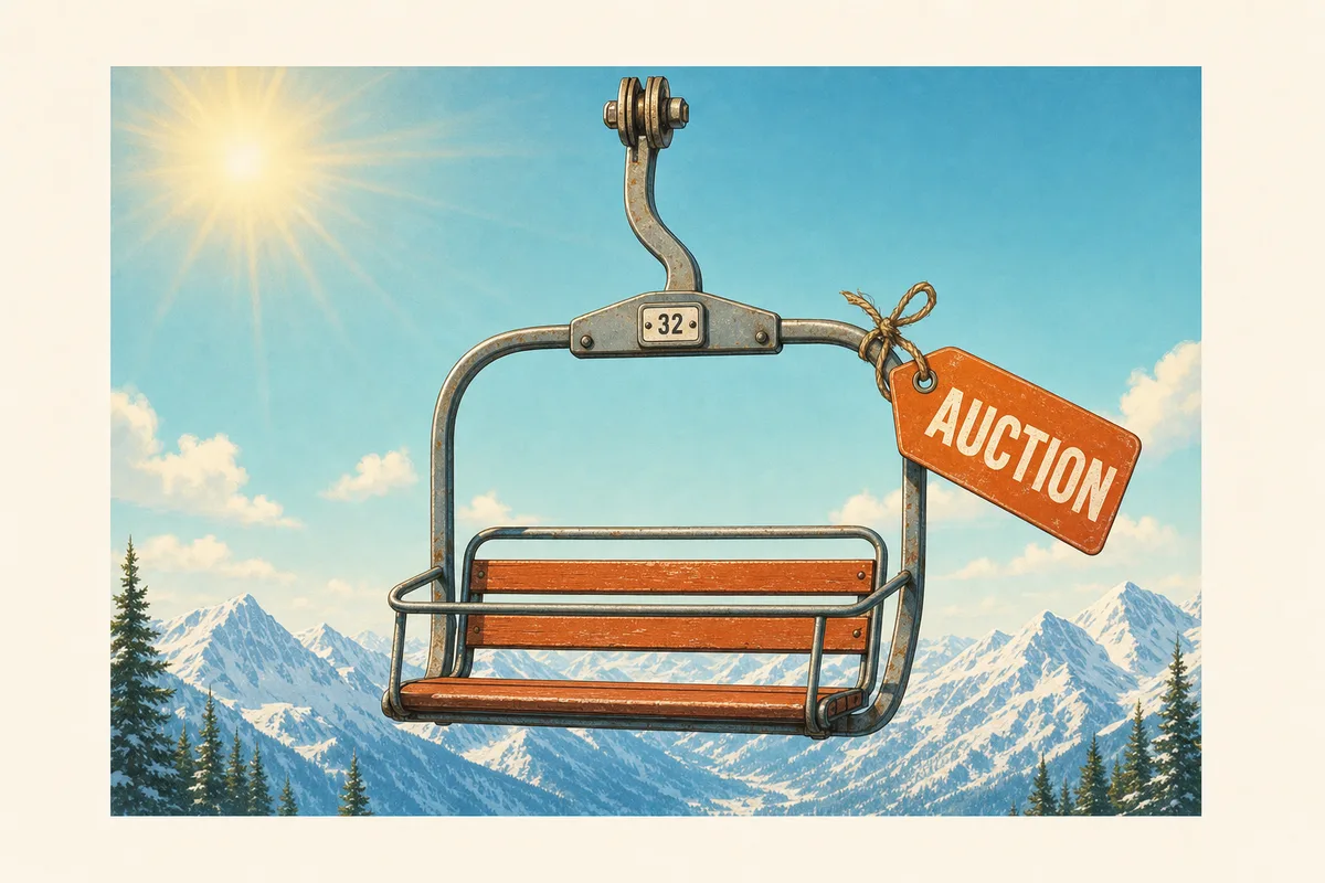 Vintage ski chairlift chair with auction tag, snowy mountain backdrop editorial illustration