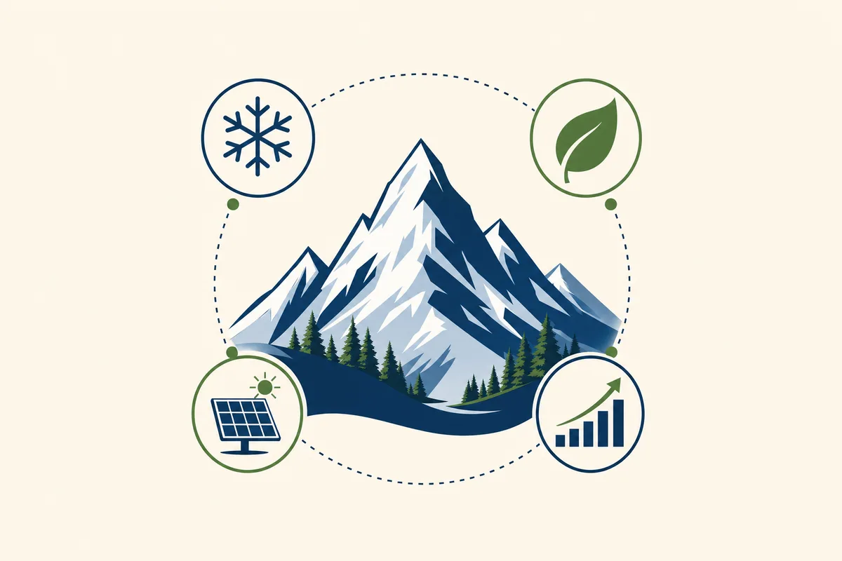 Mountain sustainability infographic editorial illustration with snowflake leaf solar panel data icons