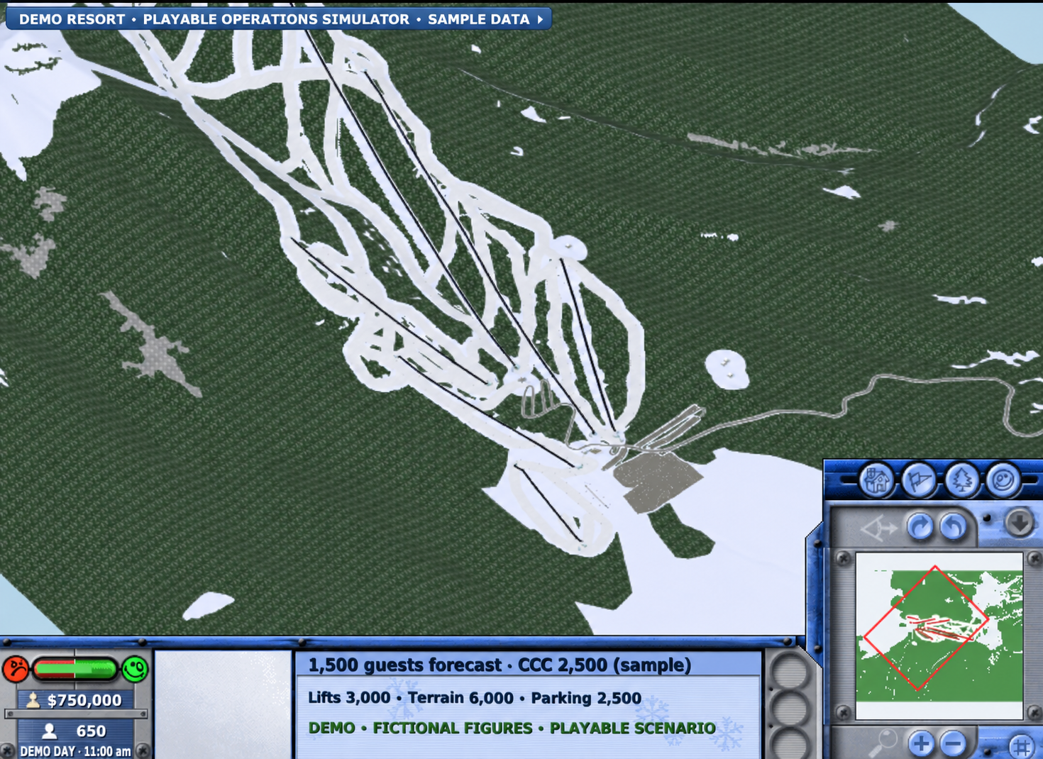 Mountain view of the playable resort simulator with fictional demo figures.