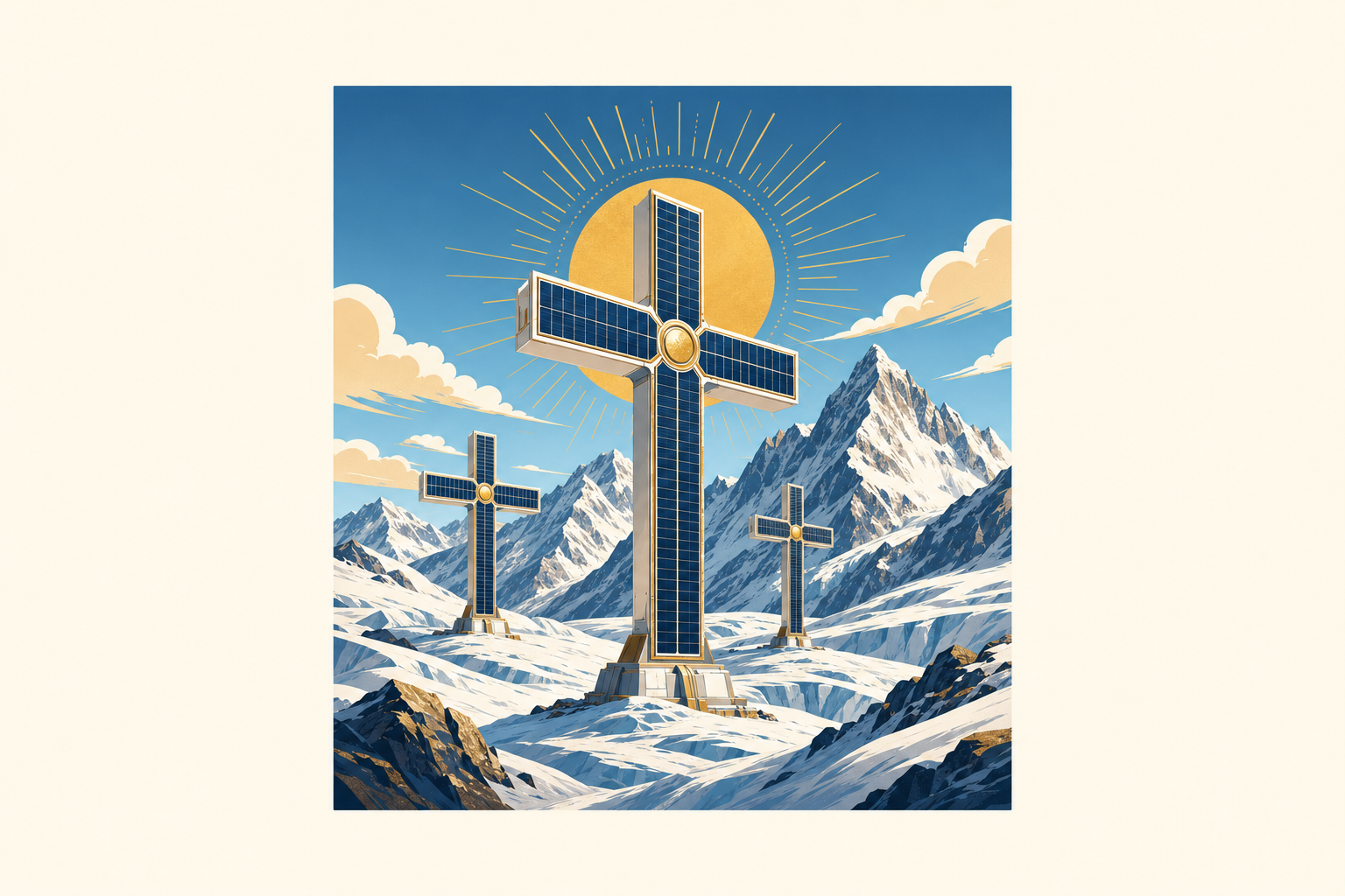 Illustrated aerial view of solar cross structures on a high-altitude alpine glacier, editorial infographic style